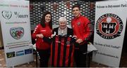 3 May 2018; Winner of the raffle for a signed Bohemians jersey Kathleen Atkinson with More Than A Club representative Carina Brien, left, and Bohemian FC player Oscar Brennan during the Bohemian FC: More Than A Club - Alzheimer's Awareness at the Members Bar in Dalymount Park, Co Dublin. Photo by David Fitzgerald/Sportsfile