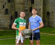 3 May 2018; Anton Sullivan of Offaly with Michael Fitzsimons of Dublin during the Launch of the 2018 Leinster Senior Football Championship at Trim Castle in Trim, Co Meath. Photo by Harry Murphy/Sportsfile