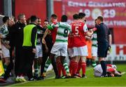 4 May 2018; Players from both side's during a coming together after Joey O’Brien of Shamrock Rovers was sent off during the SSE Airtricity League Premier Division match between St Patrick's Athletic and Shamrock Rovers at Richmond Park in Dublin. Photo by Eóin Noonan/Sportsfile