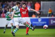 4 May 2018; Ryan Brennan of St Patrick's Athletic has a shot on goal despite the efforts of Lee Grace of Shamrock Rovers during the SSE Airtricity League Premier Division match between St Patrick's Athletic and Shamrock Rovers at Richmond Park in Dublin. Photo by Eóin Noonan/Sportsfile