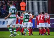 4 May 2018; St Patrick's Athletic players celebrate after Kevin Toner scored their side's first goal during the SSE Airtricity League Premier Division match between St Patrick's Athletic and Shamrock Rovers at Richmond Park in Dublin. Photo by Eóin Noonan/Sportsfile