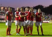 4 May 2018; Killian Brennan of St Patrick's Athletic celebrates with team-mates infront of Shamrock Rovers supporters after scoring his side's second goal during the SSE Airtricity League Premier Division match between St Patrick's Athletic and Shamrock Rovers at Richmond Park in Dublin. Photo by Eóin Noonan/Sportsfile