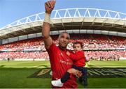 5 May 2018; Simon Zebo with daughter Sofia Zebo following the Guinness PRO14 semi-final play-off match between Munster and Edinburgh at Thomond Park in Limerick. Photo by David Fitzgerald/Sportsfile