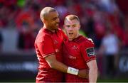 5 May 2018; Simon Zebo, left, and Keith Earls of Munster celebrate at the final whistle following the Guinness PRO14 semi-final play-off match between Munster and Edinburgh at Thomond Park in Limerick. Photo by Sam Barnes/Sportsfile