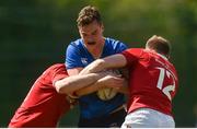 5 May 2018; Gearóid McDonald of Leinster is tackled by Brendan Childs, left, and Eoin O'Dwyer of Munster during the Junior Interprovincial Series match between Leinster Juniors and Munster Juniors at Coolmine RFC in Ashtown, Dublin. Photo by Piaras Ó Mídheach/Sportsfile