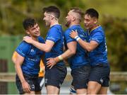 5 May 2018; Stephen Horan of Leinster, left, celebrates scoring a second half try with team-mates, from left, Derek Williams, Kieran O'Gorman, and Mikey Russell during the Junior Interprovincial Series match between Leinster Juniors and Munster Juniors at Coolmine RFC in Ashtown, Dublin. Photo by Piaras Ó Mídheach/Sportsfile