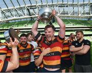 6 May 2018: Jack O'Sullivan of Lansdowne celebrates with the cup following the Ulster Bank League Division 1 Final match between Lansdowne and Cork Constitution at the Aviva Stadium in Dublin. Photo by David Fitzgerald/Sportsfile
