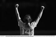 6 May 2018; (EDITORS NOTE: Image has been converted to black & white) Noëlle Healy of Dublin celebrates at the final whistle after the Lidl Ladies Football National League Division 1 Final match between Dublin and Mayo at Parnell Park in Dublin. Photo by Piaras Ó Mídheach/Sportsfile