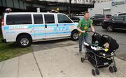 6 May 2018; Doug Brady pushes his 8-month-old children Liam and Eoin, whose grandfather hails from Manorhamilton, Leitrim, along the sidewalk en-route to Gaelic Park during the Connacht GAA Football Senior Championship Quarter-Final match between New York and Leitrim at Gaelic Park in New York, USA. Photo by Stephen McCarthy/Sportsfile