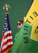 6 May 2018; New Jersey resident Ryan McCabe, whose father hailed from Aughavas, Leitrim, waits to carry the American flag to the pitch prior to the Connacht GAA Football Senior Championship Quarter-Final match between New York and Leitrim at Gaelic Park in New York, USA. Photo by Stephen McCarthy/Sportsfile