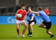 7 May 2018; Jonathan Commins of Louth in action against Noel Hatton, centre, and Adam Fearon of Dublin during the Electric Ireland Leinster GAA Football Minor Championship Round 1 match between Dublin and Louth at Parnell Park in Dublin. Photo by Seb Daly/Sportsfile