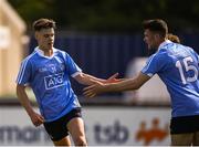7 May 2018; Conor Murray of Dublin, left, is congratulated by teammate Seán Foran after scoring his side's second goal during the Electric Ireland Leinster GAA Football Minor Championship Round 1 match between Dublin and Louth at Parnell Park in Dublin. Photo by Seb Daly/Sportsfile