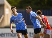 7 May 2018; Conor Murray of Dublin, left, after scoring his side's second goal during the Electric Ireland Leinster GAA Football Minor Championship Round 1 match between Dublin and Louth at Parnell Park in Dublin. Photo by Seb Daly/Sportsfile