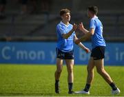 7 May 2018; Rory Dwyer, left, and Seán Foran of Dublin congratulate each other following their side's victory during the Electric Ireland Leinster GAA Football Minor Championship Round 1 match between Dublin and Louth at Parnell Park in Dublin. Photo by Seb Daly/Sportsfile