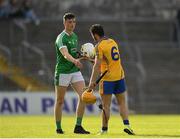 7 May 2018; Kyle Hayes of Limerick shakes hands with Jason McCarthy of Clare following the Bord Gáis Energy Munster GAA Hurling U21 Championship quarter-final match between Clare and Limerick at Cusack Park in Ennis, Clare. Photo by Eóin Noonan/Sportsfile