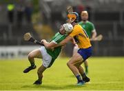 7 May 2018; Mark O'Dwyer of Limerick in action against Aidan McCarthy of Clare during the Bord Gáis Energy Munster GAA Hurling U21 Championship quarter-final match between Clare and Limerick at Cusack Park in Ennis, Clare. Photo by Eóin Noonan/Sportsfile