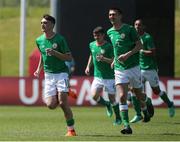 8 May 2018; Troy Parrott of Republic of Ireland celebrates with team-mates after scoring his side's first goal during the UEFA U17 Championship Final match between Republic of Ireland and Denmark at St Georges Park in Burton, England. Photo by Malcolm Couzens/Sportsfile