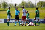 8 May 2018; Adam Idah of Republic of Ireland receives a yellow card by referee Zhynek Proske during the UEFA U17 Championship Final match between Republic of Ireland and Denmark at St Georges Park in Burton, England. Photo by Malcolm Couzens/Sportsfile