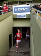 8 May 2018; Diarmaid Phelan of Cork leads his side out to the pitch prior to the Electric Ireland Munster GAA Football Minor Championship semi-final match between Kerry and Cork at Austin Stack Park, in Tralee, Kerry.  Photo by Eóin Noonan/Sportsfile
