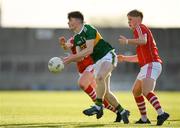 8 May 2018; Dan McCarthy of Kerry in action against Aodhan O Luasa, left, and Dara O'Sullivan of Cork during the Electric Ireland Munster GAA Football Minor Championship semi-final match between Kerry and Cork at Austin Stack Park, in Tralee, Kerry.  Photo by Eóin Noonan/Sportsfile