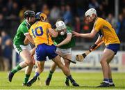 7 May 2018; Mark O'Dwyer of Limerick is tackled by Aidan McCarthy of Clare during the Bord Gáis Energy Munster GAA Hurling U21 Championship quarter-final match between Clare and Limerick at Cusack Park in Ennis, Clare.  Photo by Eóin Noonan/Sportsfile
