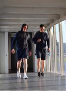 10 May 2018; Dan Leavy, left, and Jonathan Sexton of Leinster on their arrival into Bilbao Airport ahead of the European Rugby Champions Cup Final on Saturday. Photo by Ramsey Cardy/Sportsfile
