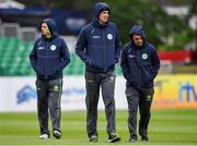 11 May 2018; Ireland players Boyd Rankin, centre, with Craig Young, left, and Andrew McBrine, right, prior to play on day one of the International Cricket Test match between Ireland and Pakistan at Malahide, in Co. Dublin. Photo by Seb Daly/Sportsfile