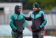 11 May 2018; Pakistan head coach Mickey Arthur, right, and Fakhar Zaman, left, prior to play on day one of the International Cricket Test match between Ireland and Pakistan at Malahide, in Co. Dublin. Photo by Seb Daly/Sportsfile