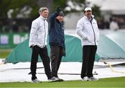 11 May 2018; Umpires Nigel Llong, left, and Richard Illingworth, right, with groundsman Philip Frost, centre, during a pitch inspection on day one of the International Cricket Test match between Ireland and Pakistan at Malahide, in Co. Dublin. Photo by Seb Daly/Sportsfile