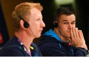 11 May 2018; Jonathan Sexton, right, and head coach Leo Cullen during a Leinster Rugby press conference at the San Mames Stadium, in Bilbao, Spain. Photo by Ramsey Cardy/Sportsfile