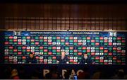 11 May 2018; Isa Nacewa, left, head coach Leo Cullen, centre, and Jonathan Sexton during a Leinster Rugby press conference at the San Mames Stadium, in Bilbao, Spain. Photo by Ramsey Cardy/Sportsfile