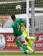 11 May 2018;  Adam Idah of Republic of Ireland hits the bar during the UEFA U17 Championship Finals Group C match between Bosnia & Herzegovina and Republic of Ireland at St George's Park, in Burton-upon-Trent, England. Photo by Malcolm Couzens/Sportsfile