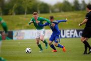 11 May 2018; Cameron Ledwidge of Republic of Ireland in action against Armin Saric of Bosnia and Herzegovina during the UEFA U17 Championship Finals Group C match between Bosnia & Herzegovina and Republic of Ireland at St George's Park, in Burton-upon-Trent, England. Photo by Malcolm Couzens/Sportsfile