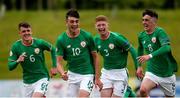 11 May 2018; Troy Parrott, 10, of Republic of Ireland celebrates scoring his side's first goal with teammates from left, Jason Knight, Cameron Ledwidge and Barry Coffey during the UEFA U17 Championship Finals Group C match between Bosnia & Herzegovina and Republic of Ireland at St George's Park, in Burton-upon-Trent, England. Photo by Malcolm Couzens/Sportsfile