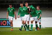 11 May 2018; Adam Idah, 9, of Republic of Ireland celebrates scoring his side's second goal with team mates from left Troy Parrott, Oisin McEntee, Cameron Ledwidge and Marc Walsh during the UEFA U17 Championship Finals Group C match between Bosnia & Herzegovina and Republic of Ireland at St George's Park, in Burton-upon-Trent, England. Photo by Malcolm Couzens/Sportsfile