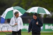 11 May 2018; Umpire Nigel Llong, left, and groundsman Philip Frost, right, during an inspection of the outfield, shortly before play was abandoned on day one of the International Cricket Test match between Ireland and Pakistan at Malahide, in Co. Dublin. Photo by Seb Daly/Sportsfile