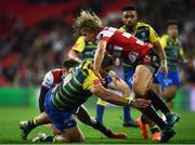 11 May 2018; Nick Williams of Cardiff Blues is tackled by Billy Burns, left, and Billy Twelvetrees of Gloucester Rugby during the European Rugby Challenge Cup Final match between Cardiff Blues and Gloucester Rugby at the San Mames Stadium in Bilbao, Spain. Photo by Ramsey Cardy/Sportsfile