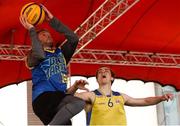 12 May 2018; Mike Garrow of UCD Marian in action against Conor Gilligan of DCU during #HulaHoops3x3 Ireland’s first outdoor 3x3 Basketball championship brought to you by Hula Hoops and Basketball Ireland at Dundrum Town Centre in Dundrum, Dublin. Photo by Piaras Ó Mídheach/Sportsfile