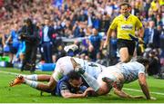 12 May 2018; Isa Nacewa of Leinster is tackled by Donnacha Ryan, left, and Henry Chavancy of Racing 92 during the European Rugby Champions Cup Final match between Leinster and Racing 92 at the San Mames Stadium in Bilbao, Spain. Photo by Ramsey Cardy/Sportsfile