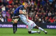 12 May 2018; Dan Leavy of Leinster is tackled by Virimi Vakatawa of Racing 92 during the European Rugby Champions Cup Final match between Leinster and Racing 92 at the San Mames Stadium in Bilbao, Spain. Photo by Brendan Moran/Sportsfile