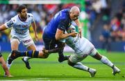 12 May 2018; Devin Toner of Leinster is tackled by Virimi Vakatawa of Racing 92 during the European Rugby Champions Cup Final match between Leinster and Racing 92 at the San Mames Stadium in Bilbao, Spain. Photo by Ramsey Cardy/Sportsfile