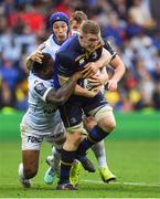 12 May 2018; Dan Leavy of Leinster is tackled by Wenceslas Lauret and Virimi Vakatawa of Racing 92 during the European Rugby Champions Cup Final match between Leinster and Racing 92 at the San Mames Stadium in Bilbao, Spain. Photo by Brendan Moran/Sportsfile