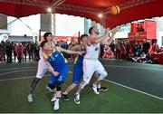 12 May 2018; Dylan Cunningham of Moycullen, Galway, supported by team-mate Patrick Lyons, behind, in action against DCU's Shane Davidson, left, and Graham Brannelly during #HulaHoops3x3 Ireland’s first outdoor 3x3 Basketball championship brought to you by Hula Hoops and Basketball Ireland at Dundrum Town Centre in Dundrum, Dublin. Photo by Piaras Ó Mídheach/Sportsfile