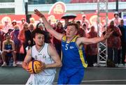12 May 2018; Patrick Lyons of Moycullen, Galway, in action against Shane Davidson of DCU during #HulaHoops3x3 Ireland’s first outdoor 3x3 Basketball championship brought to you by Hula Hoops and Basketball Ireland at Dundrum Town Centre in Dundrum, Dublin. Photo by Piaras Ó Mídheach/Sportsfile