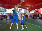 12 May 2018; Kyle Cunningham of Moycullen, Galway, in action against DCU's Conor Gilligan, left, and Shane Davidson during #HulaHoops3x3 Ireland’s first outdoor 3x3 Basketball championship brought to you by Hula Hoops and Basketball Ireland at Dundrum Town Centre in Dundrum, Dublin. Photo by Piaras Ó Mídheach/Sportsfile