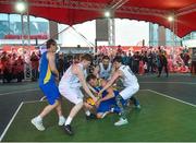 12 May 2018; Martins Provizors of DCU, supported by team-mate Conor Gilligan, left, fends off the challenge of Moycullen, Galway, players, from left, Kyle Cunningham, Paul Freeman, and Patrick Lyons during #HulaHoops3x3 Ireland’s first outdoor 3x3 Basketball championship brought to you by Hula Hoops and Basketball Ireland at Dundrum Town Centre in Dundrum, Dublin. Photo by Piaras Ó Mídheach/Sportsfile