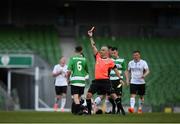 12 May 2018; Michael McLoughlin of Firhouse Clover is shown a red card by referee Owen Murphy during the FAI New Balance Intermediate Cup Final match between Firhouse Clover and Maynooth University Town at the Aviva Stadium in Dublin. Photo by Eóin Noonan/Sportsfile
