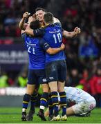 12 May 2018; James Ryan of Leinster celebrates with team-mates Jamison Gibson-Park and Jonathan Sexton after the European Rugby Champions Cup Final match between Leinster and Racing 92 at the San Mames Stadium in Bilbao, Spain. Photo by Brendan Moran/Sportsfile