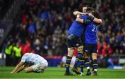 12 May 2018; Jonathan Sexton of Leinster celebrates with team-mates Jamison Gibson-Park and James Ryan after the European Rugby Champions Cup Final match between Leinster and Racing 92 at the San Mames Stadium in Bilbao, Spain. Photo by Brendan Moran/Sportsfile