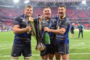 12 May 2018; Leinster players, from left, Jordi Murphy, Tadhg Furlong and Rob Kearney celebrate with the cup after the European Rugby Champions Cup Final match between Leinster and Racing 92 at the San Mames Stadium in Bilbao, Spain. Photo by Brendan Moran/Sportsfile